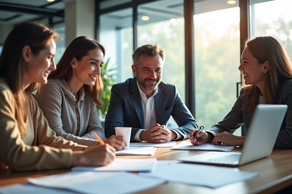 Groupe diversifié de personnes souriantes autour d'une table en formation