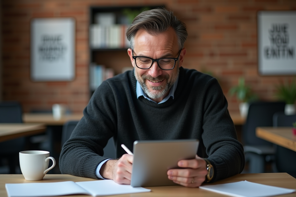 Homme remplissant un formulaire sur une tablette dans un espace de coworking
