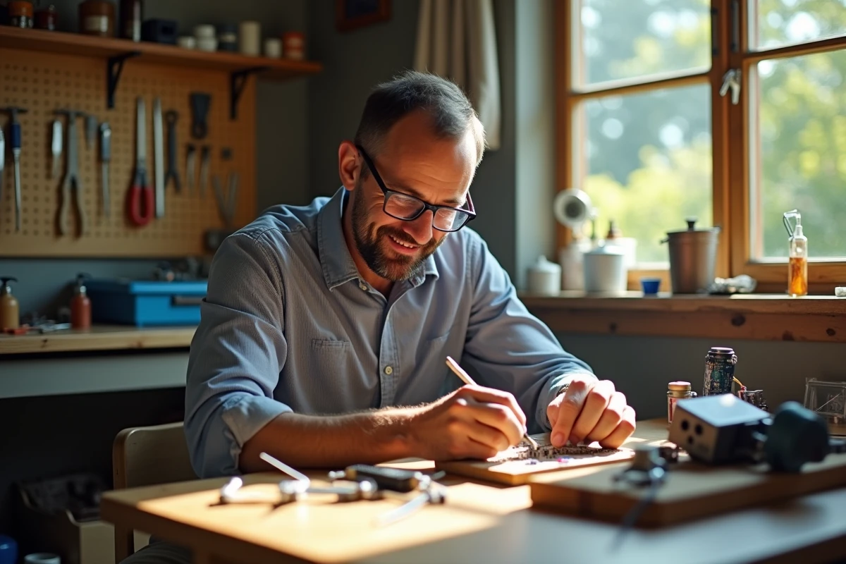 Homme assemblant un circuit électronique dans un atelier