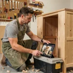 Homme apprenant le bricolage grâce à un tutoriel en ligne sur tablette dans son atelier à domicile