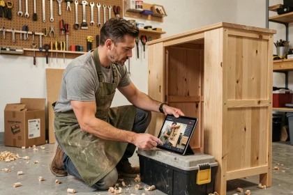 Homme apprenant le bricolage grâce à un tutoriel en ligne sur tablette dans son atelier à domicile
