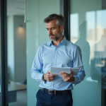 Homme en chemise bleue dans un bureau moderne