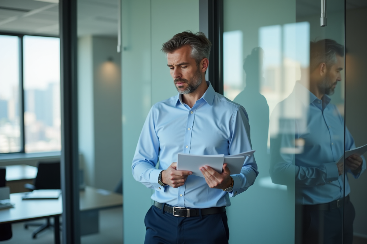 Homme en chemise bleue dans un bureau moderne