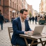 Homme concentré travaillant au café avec laptop en extérieur