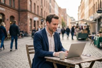 Homme concentré travaillant au café avec laptop en extérieur