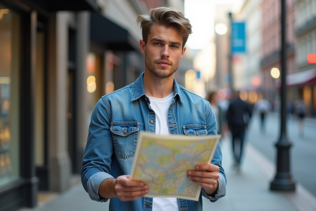 Jeune homme regardant des cartes en ville