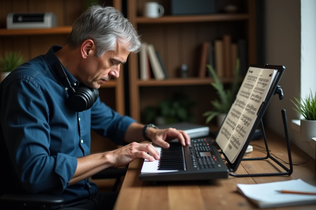 Homme adulte apprenant le piano sur clavier numérique à son bureau à domicile avec partition imprimée