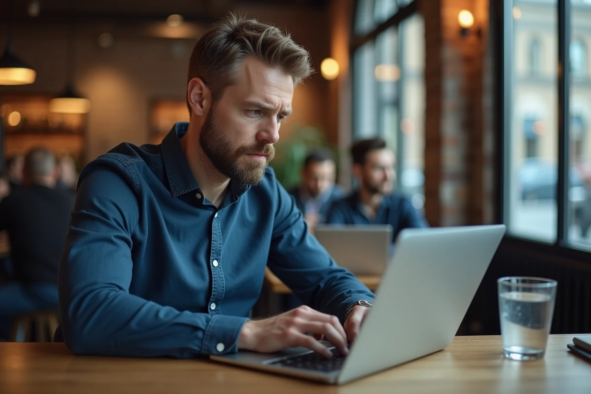 Homme comparant des offres d'abonnement à des magazines de formation business sur un ordinateur portable dans un café