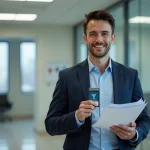 Homme confiant en costume avec badge VTC dans un bureau moderne