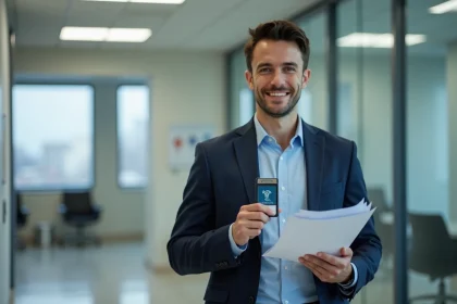 Homme confiant en costume avec badge VTC dans un bureau moderne