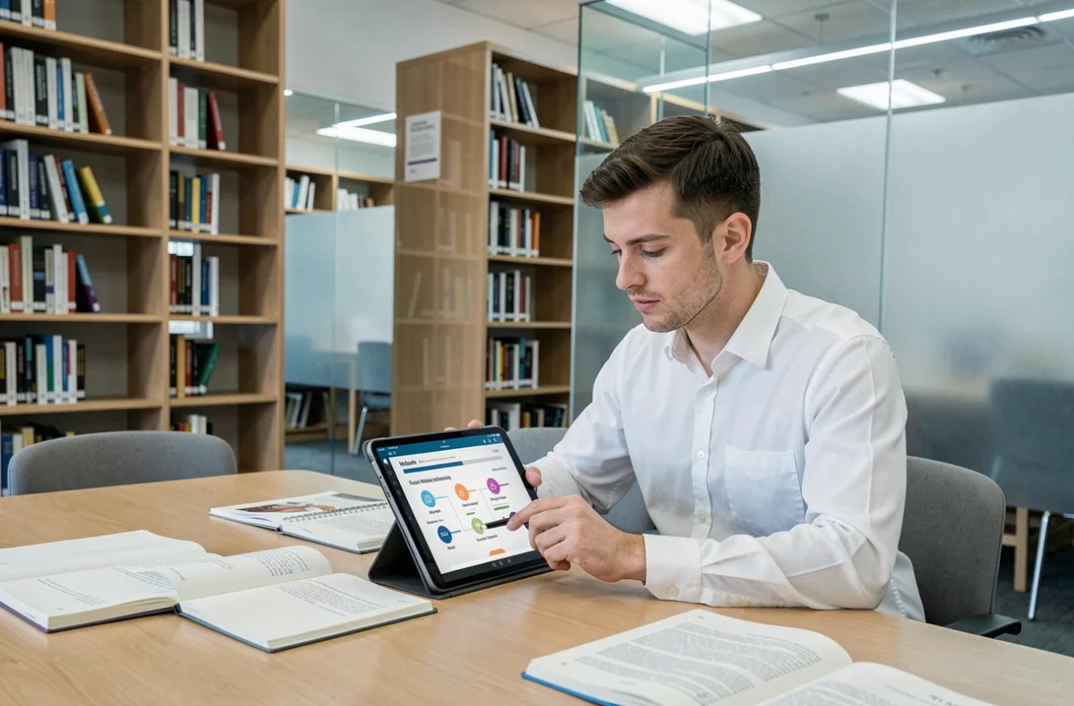 Homme consultant un programme de cours médical sur tablette dans une bibliothèque universitaire moderne