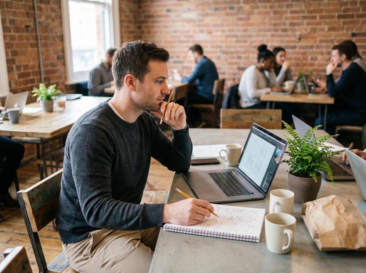 Jeune homme dessinant des wireframes dans un café coworking
