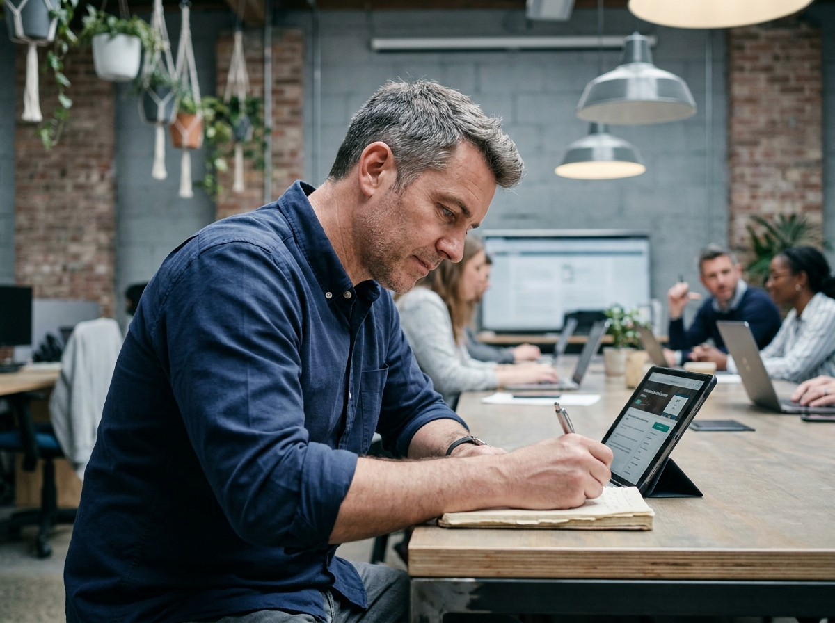 Homme en reconversion professionnelle prenant des notes lors d'une formation en ligne dans un espace de coworking