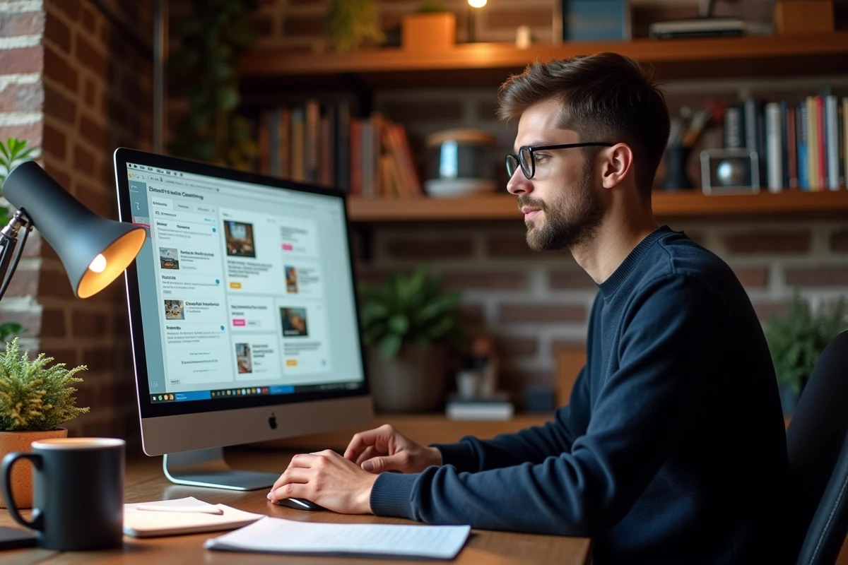 Homme débutant en marketing digital travaillant sur un logiciel de newsletter depuis son bureau à domicile