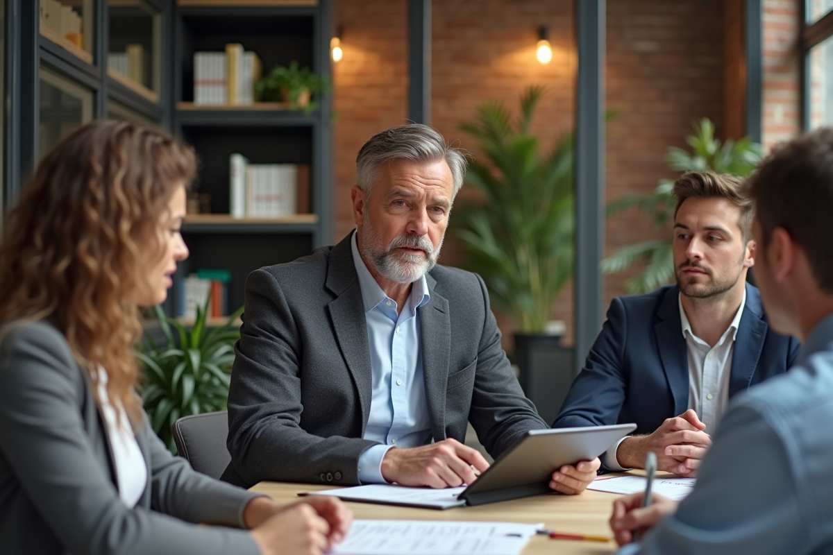Homme en blazer discutant stratégie avec collègues dans coworking