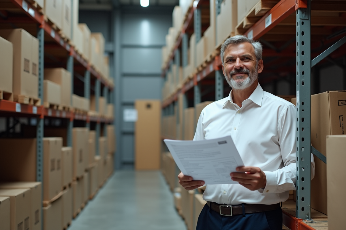 Homme d age moyen vérifiant un bon de commande en stock