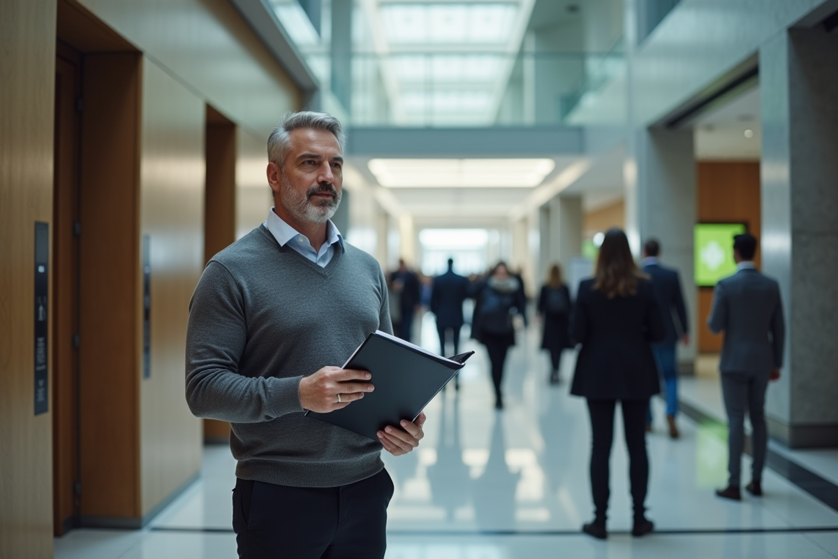 Homme daffaires en lobby parlant à un recruteur