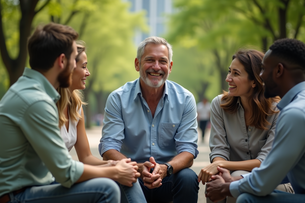 Homme en chemise décontractée dans un parc avec équipe