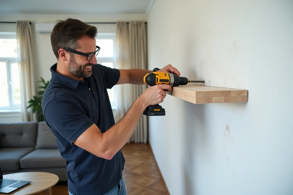 Homme effectuant une réparation murale avec une perceuse lors d'une formation bricolage à domicile
