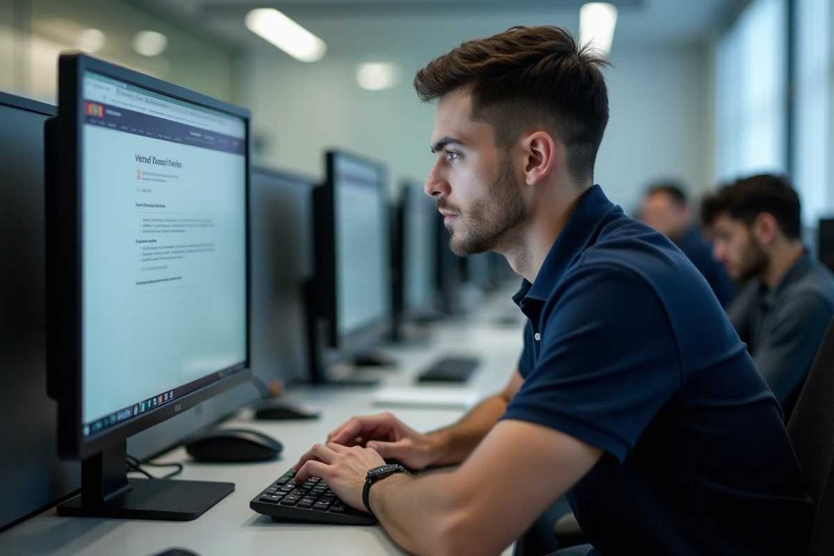 Homme en centre de formation face à un problème de connexion sur Moodle depuis un poste informatique partagé