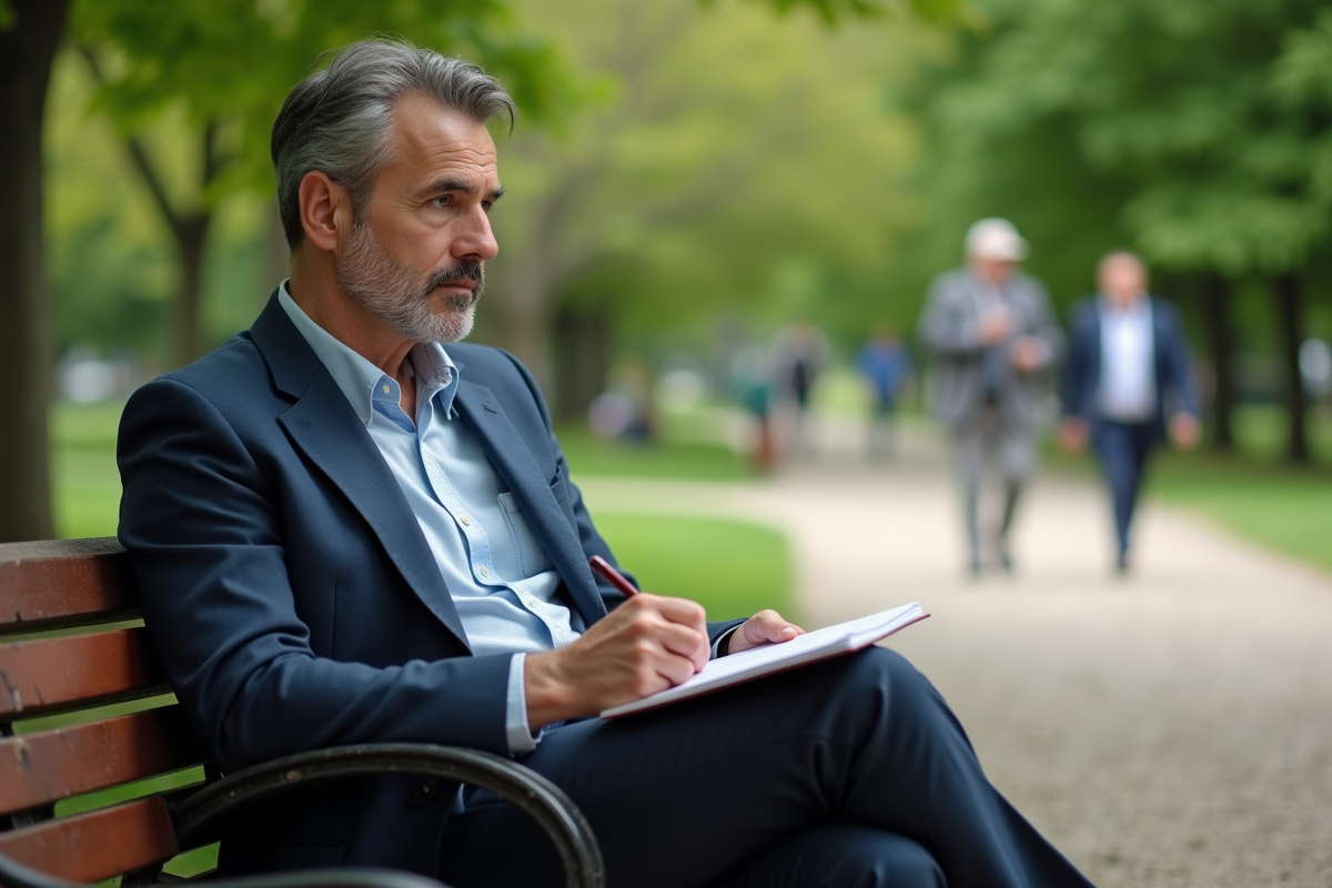 Homme pensif assis sur un banc dans un parc verdoyant
