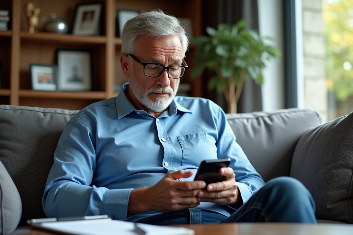 Homme dans son salon utilisant son smartphone avec curiosite