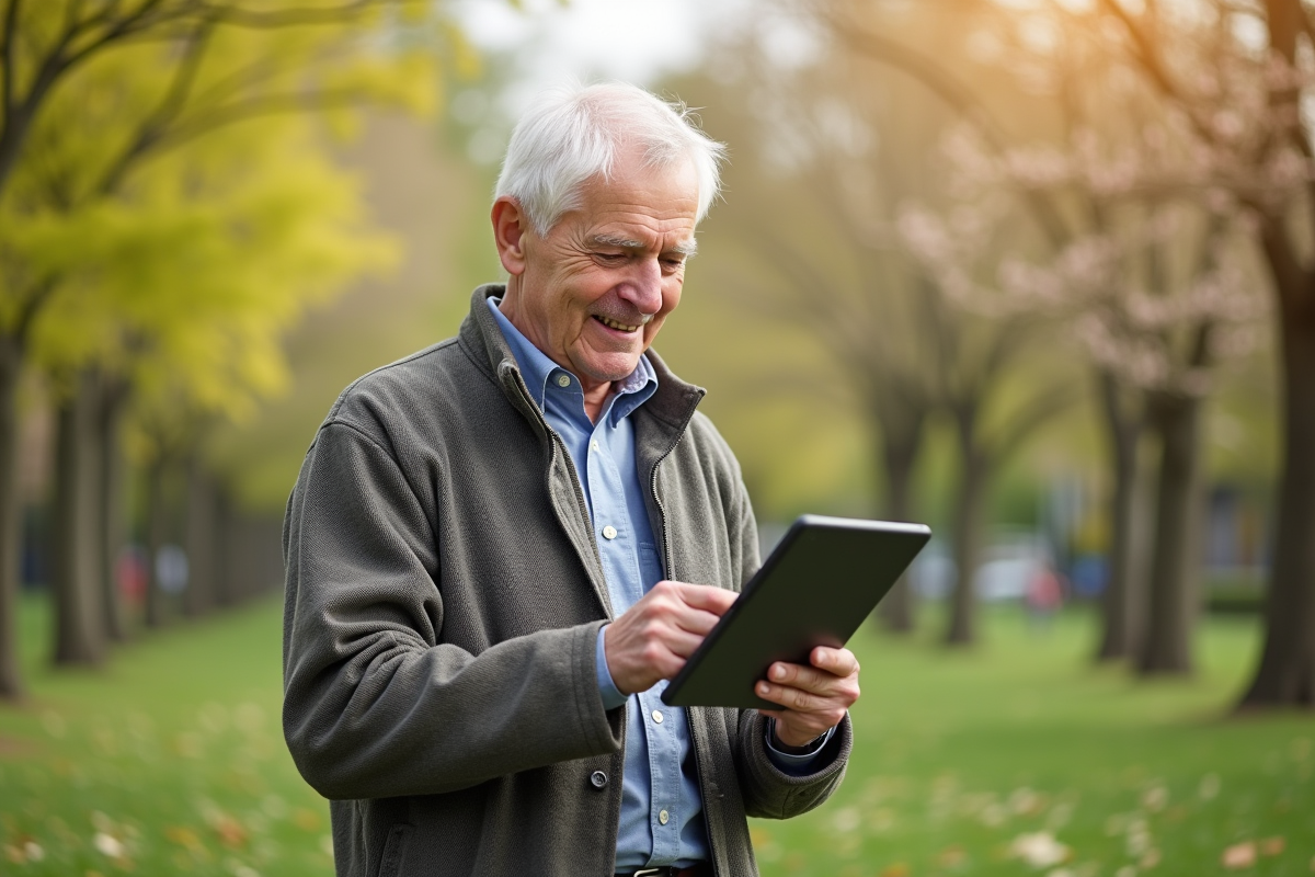 Homme senior lisant des informations dans un parc au printemps