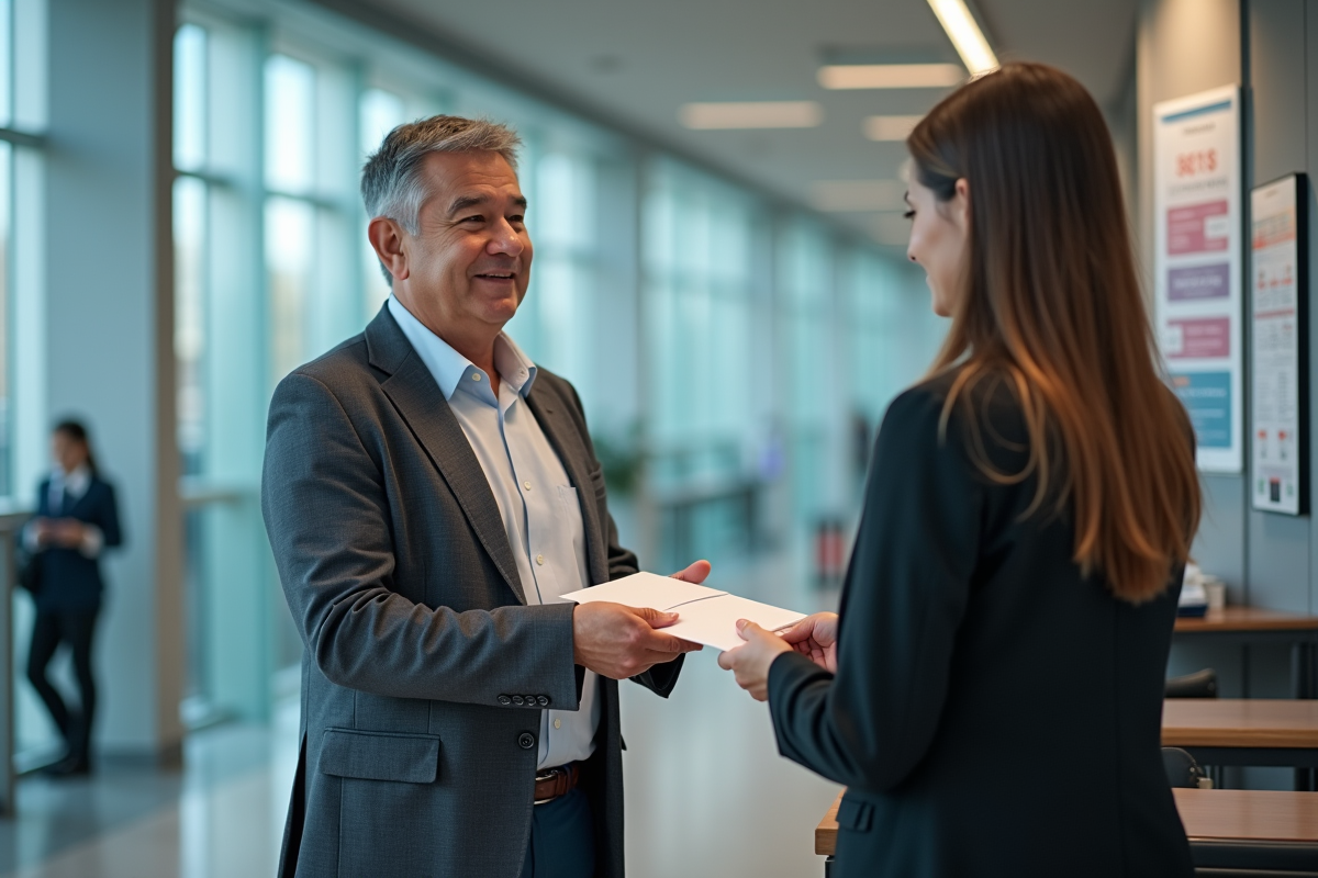 Homme remettant une enveloppe au comptoir d