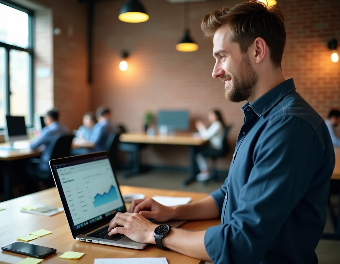 Homme consultant un tableau de bord emailing dans un espace de coworking moderne