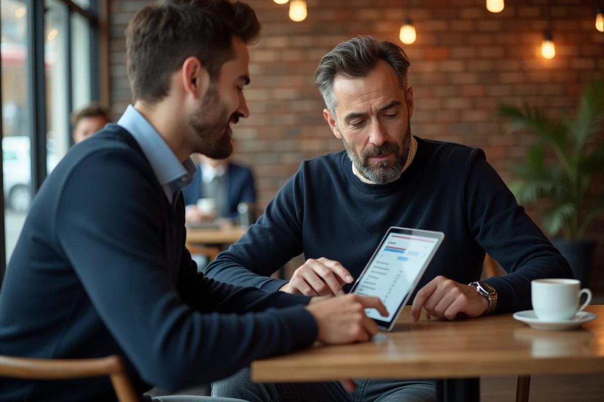 Homme consultant les tarifs d'EcoleDesTravaux sur une tablette dans un café