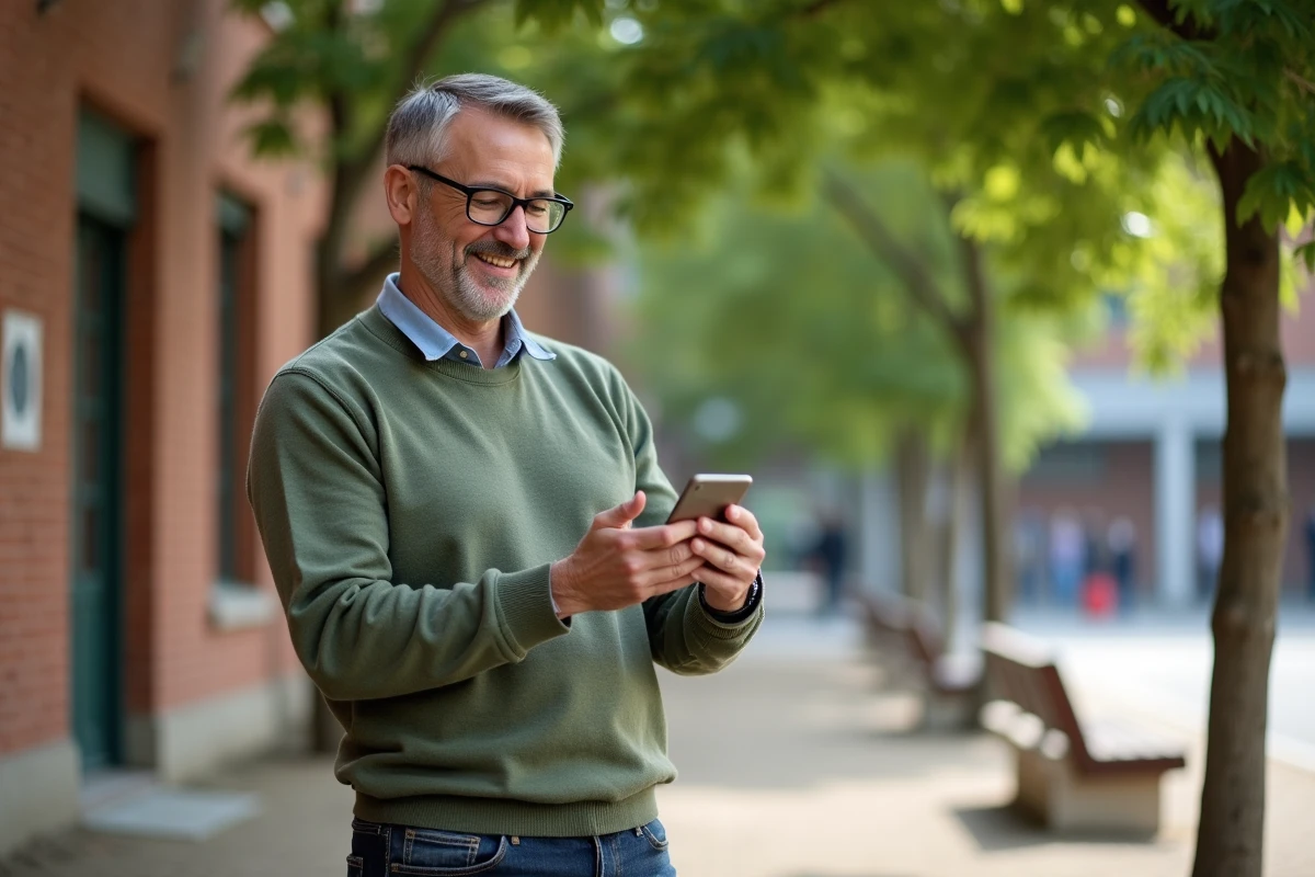 Homme étudiant avec smartphone sur un campus universitaire