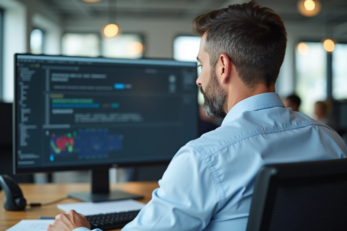 Homme regarde un tutoriel logiciel sur son grand écran