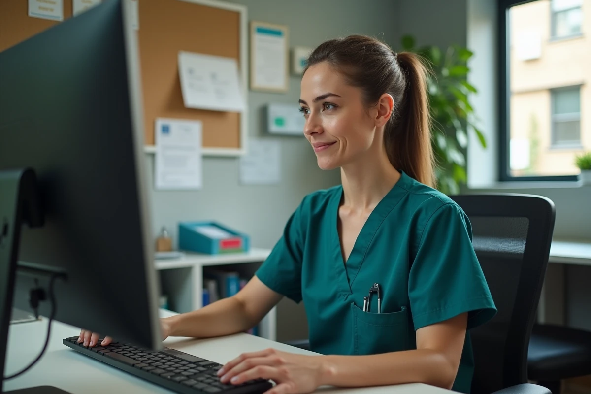 Aide-soignante inscrivant sa formation continue en ligne depuis un bureau administratif de soins pour évoluer dans sa carrière