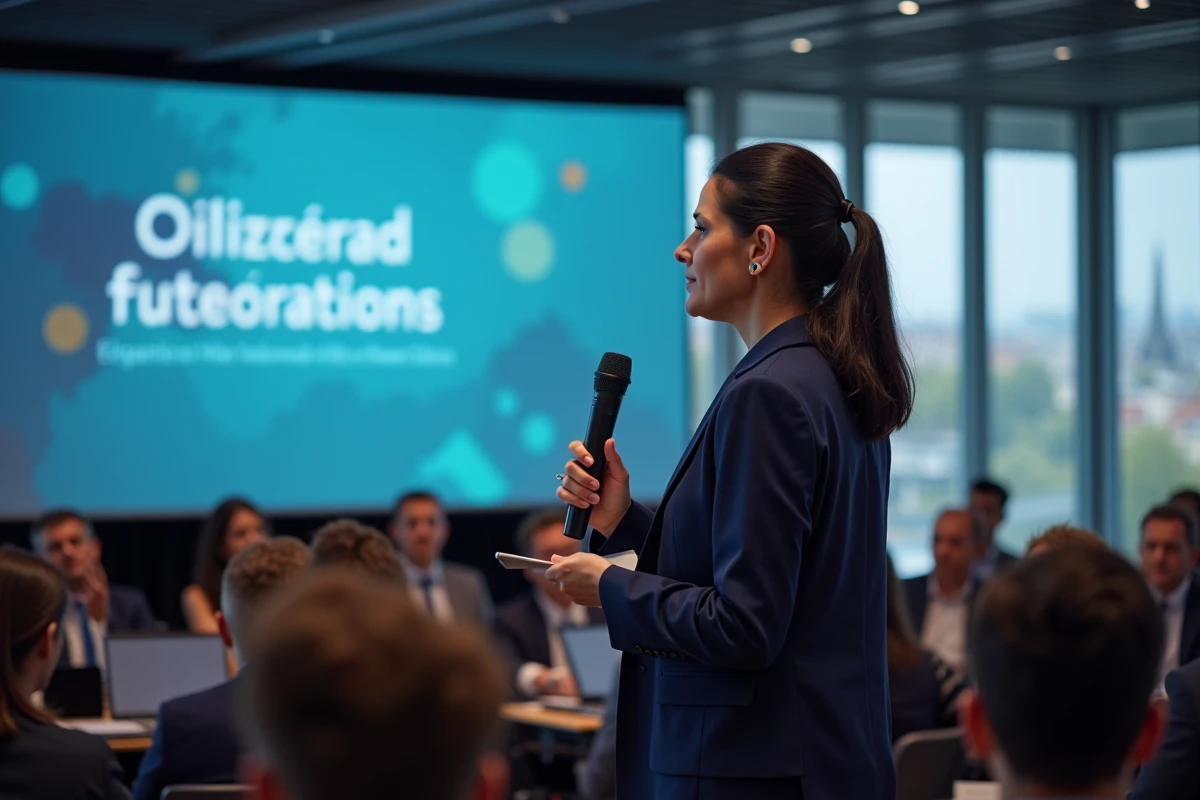 Une intervenante prenant la parole lors de la conférence Clubformationdigital.fr à Paris, partageant son expertise en formation digitale devant un public de professionnels