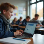 Jeune garçon en veste navy et écharpe dans une salle de classe moderne