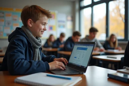 Jeune garçon en veste navy et écharpe dans une salle de classe moderne