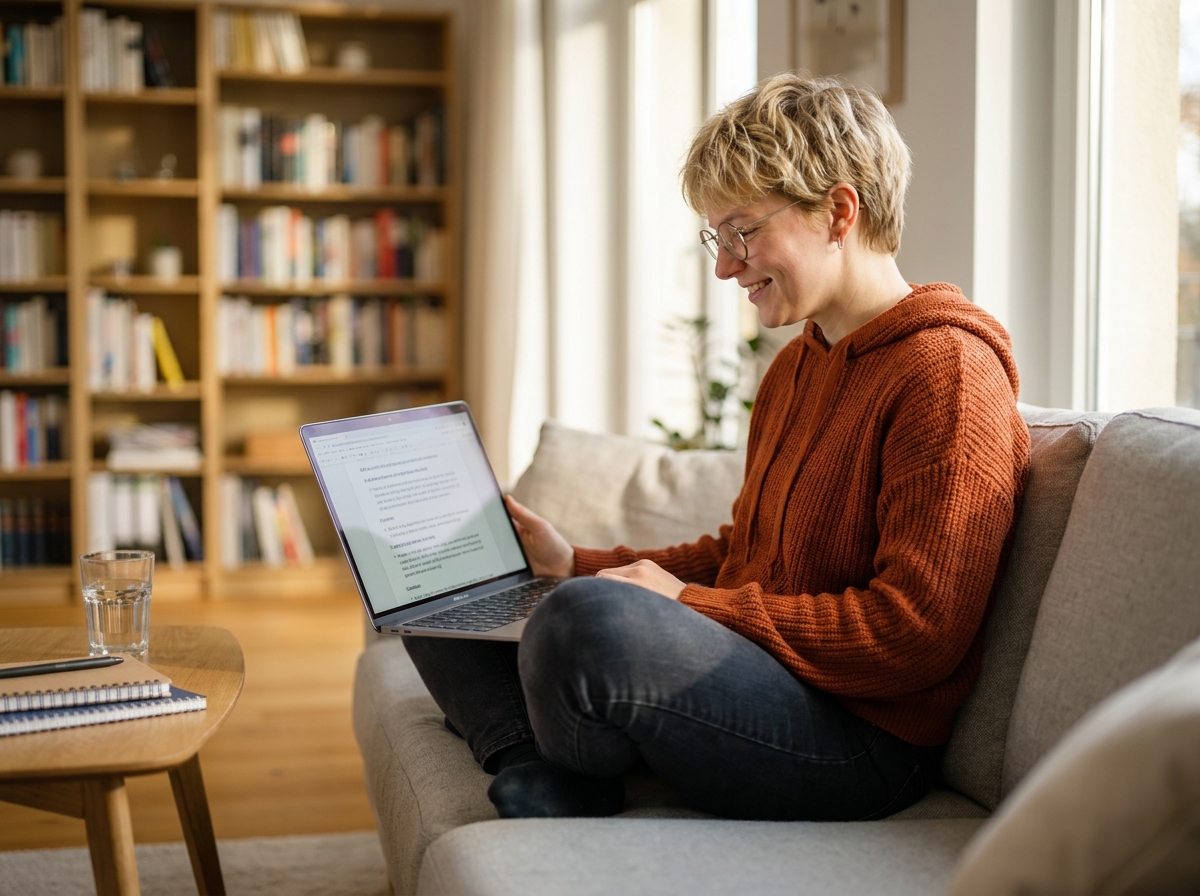 Jeune adulte souriant en reconversion professionnelle suivant un cours en ligne depuis son salon confortable