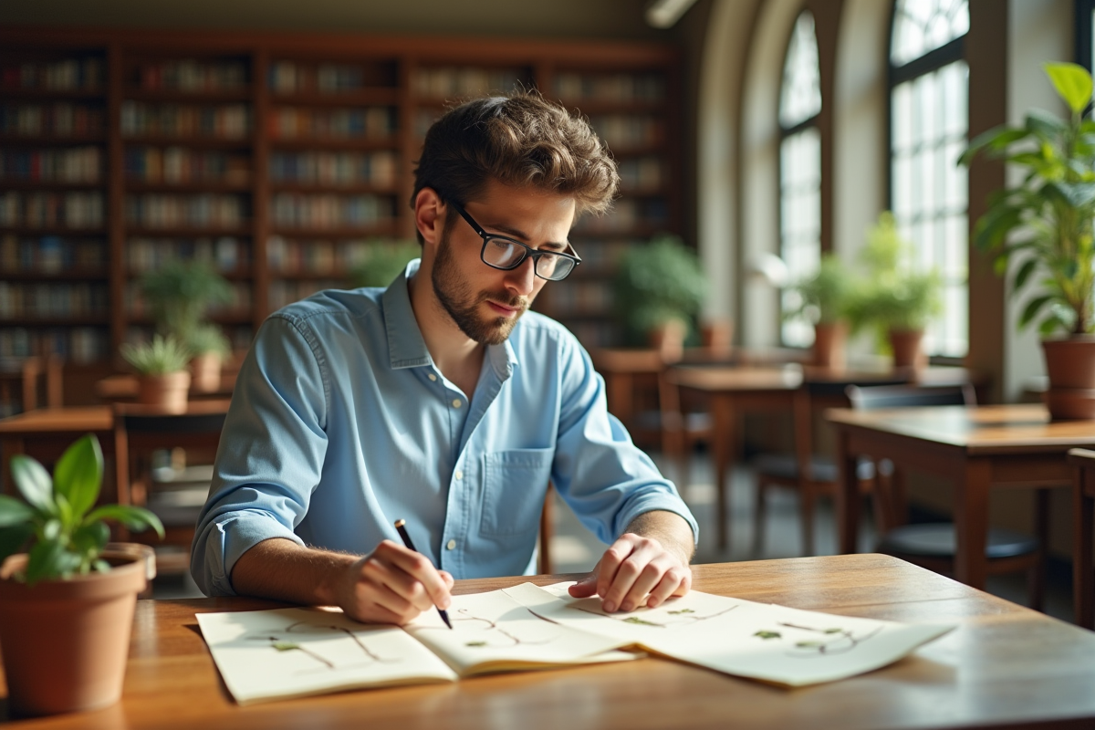 Jeune homme étudiant des plantes dans une bibliothèque