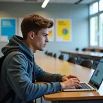 Jeune étudiant en hoodie utilisant un portail universitaire