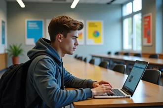 Jeune étudiant en hoodie utilisant un portail universitaire