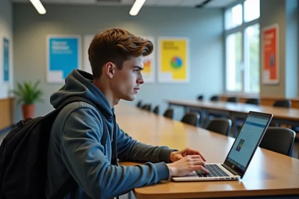 Jeune étudiant en hoodie utilisant un portail universitaire