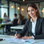 Jeune femme d'affaires en réunion de performance