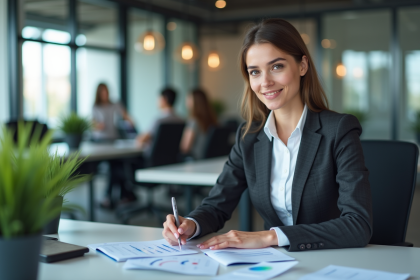 Jeune femme d'affaires en réunion de performance