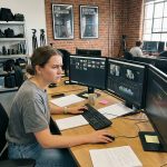 Jeune femme concentrée travaillant sur montage vidéo en studio