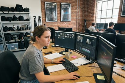 Jeune femme concentrée travaillant sur montage vidéo en studio