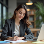 Jeune femme en brainstorming dans un bureau moderne