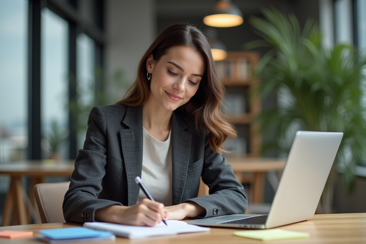 Jeune femme en brainstorming dans un bureau moderne