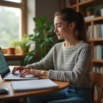 Jeune femme travaillant sur un ordinateur dans un bureau lumineux