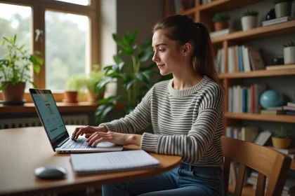 Jeune femme travaillant sur un ordinateur dans un bureau lumineux