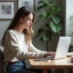 Jeune femme concentrée sur son ordinateur portable dans un appartement moderne